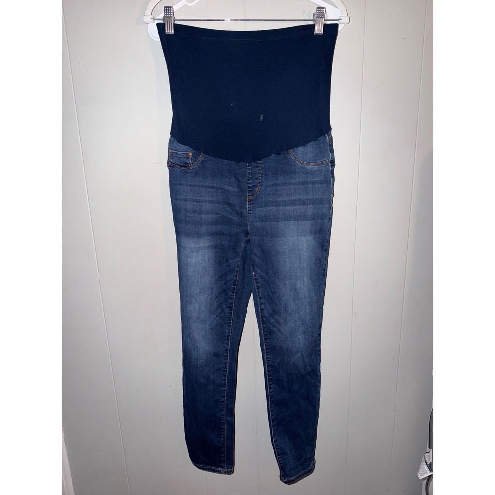 SONG Maternity Skinny Jeans Dark Wash Full Belly Panel‎ Blue Denim Size L